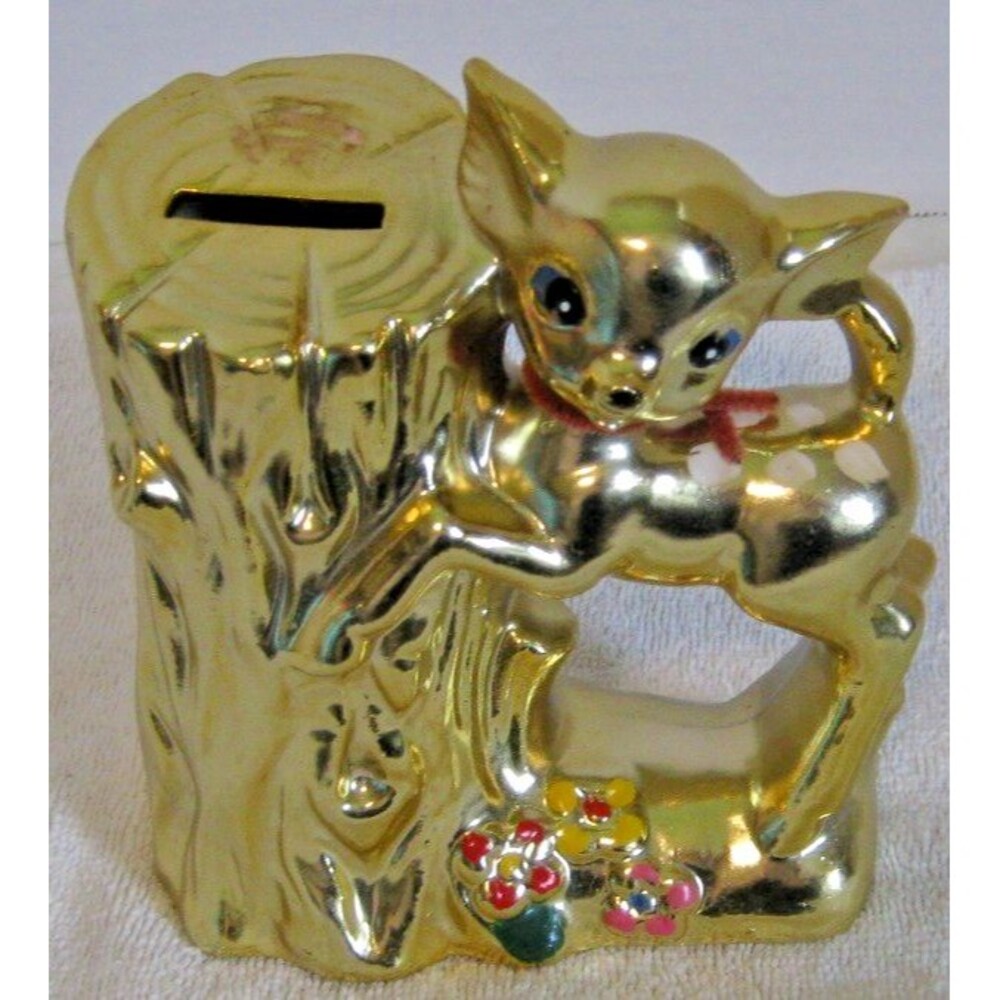 Vintage Gold Painted Ceramic Deer Bank